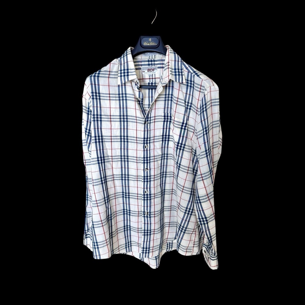 Vintage 70's BDF WestChester Gingham Plaid Button Up Shirt Sz Large Cream